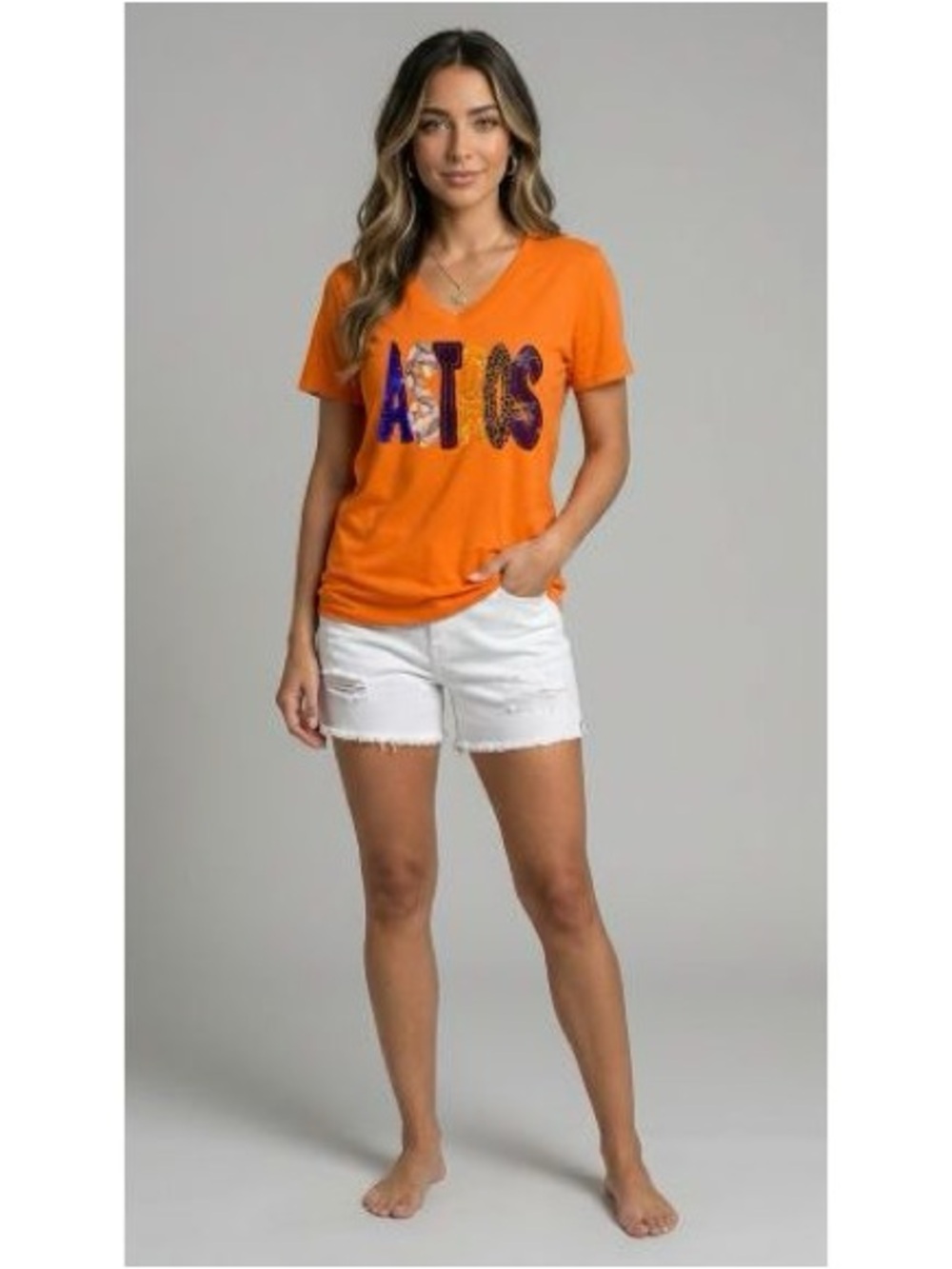 BRAND NEW WITH TAGS Astros Sequin Patch V-Neck Tee – Orange Bella Canvas Graphic